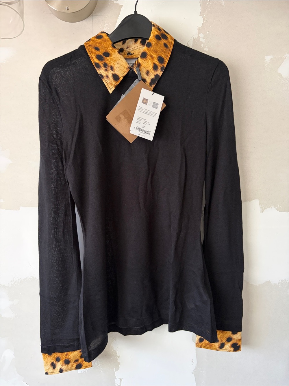NWT Burberry Black Cashmere with Leopard-Print Collar & Cuff size M